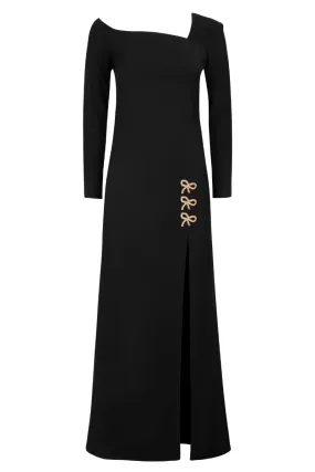 BEAU BLACK ASYMMETRIC CREPE MAXI DRESS WITH BOWS