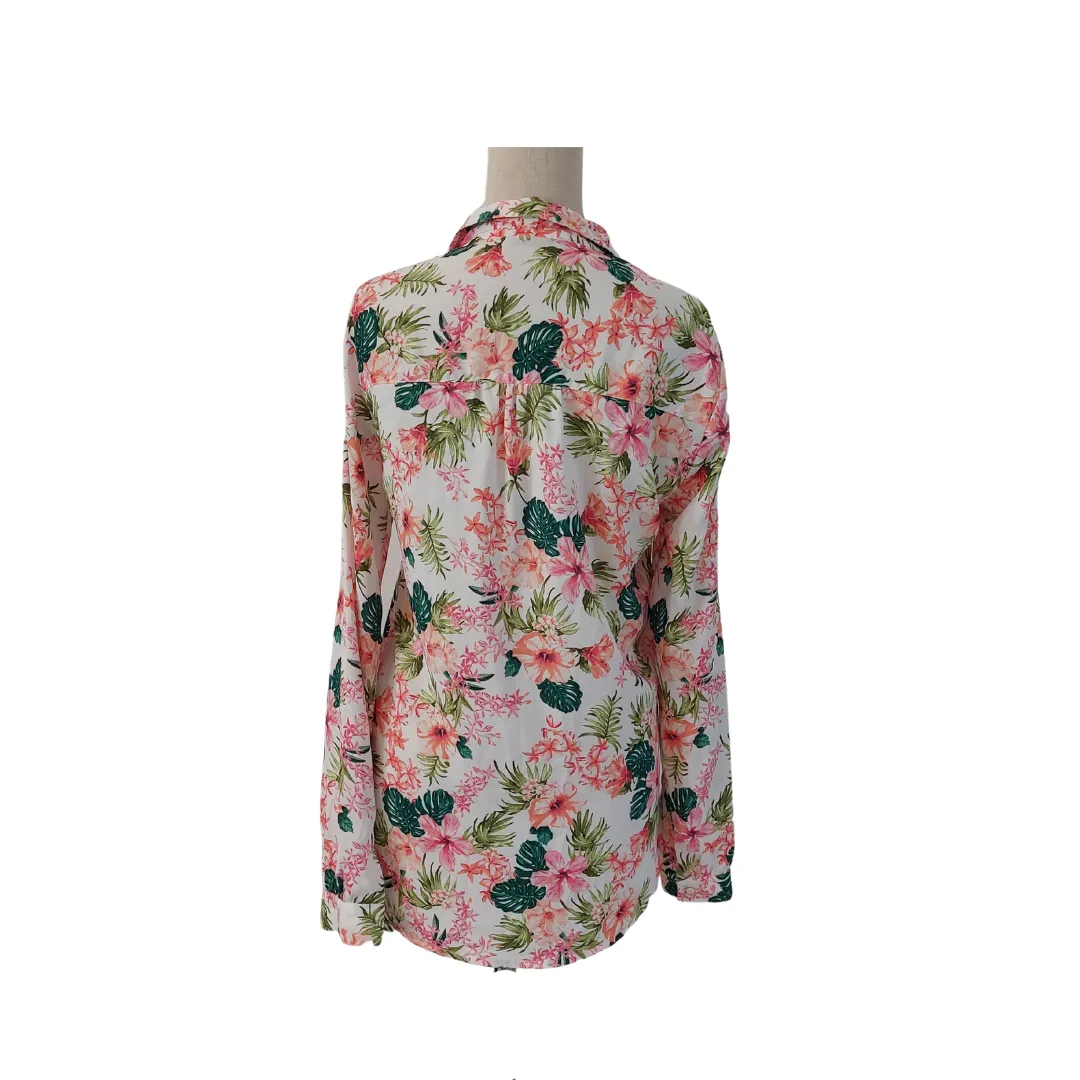 Bershka White & Pink Floral Printed Collared Shirt | Like New |