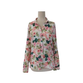 Bershka White & Pink Floral Printed Collared Shirt | Like New |