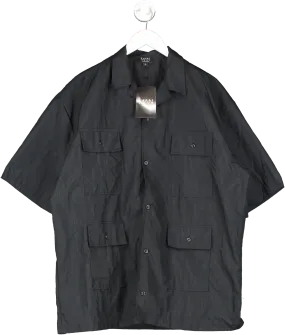 boohooMan Black Crinkle Nylon 4 Pocket Oversized Boxy Shirt UK L