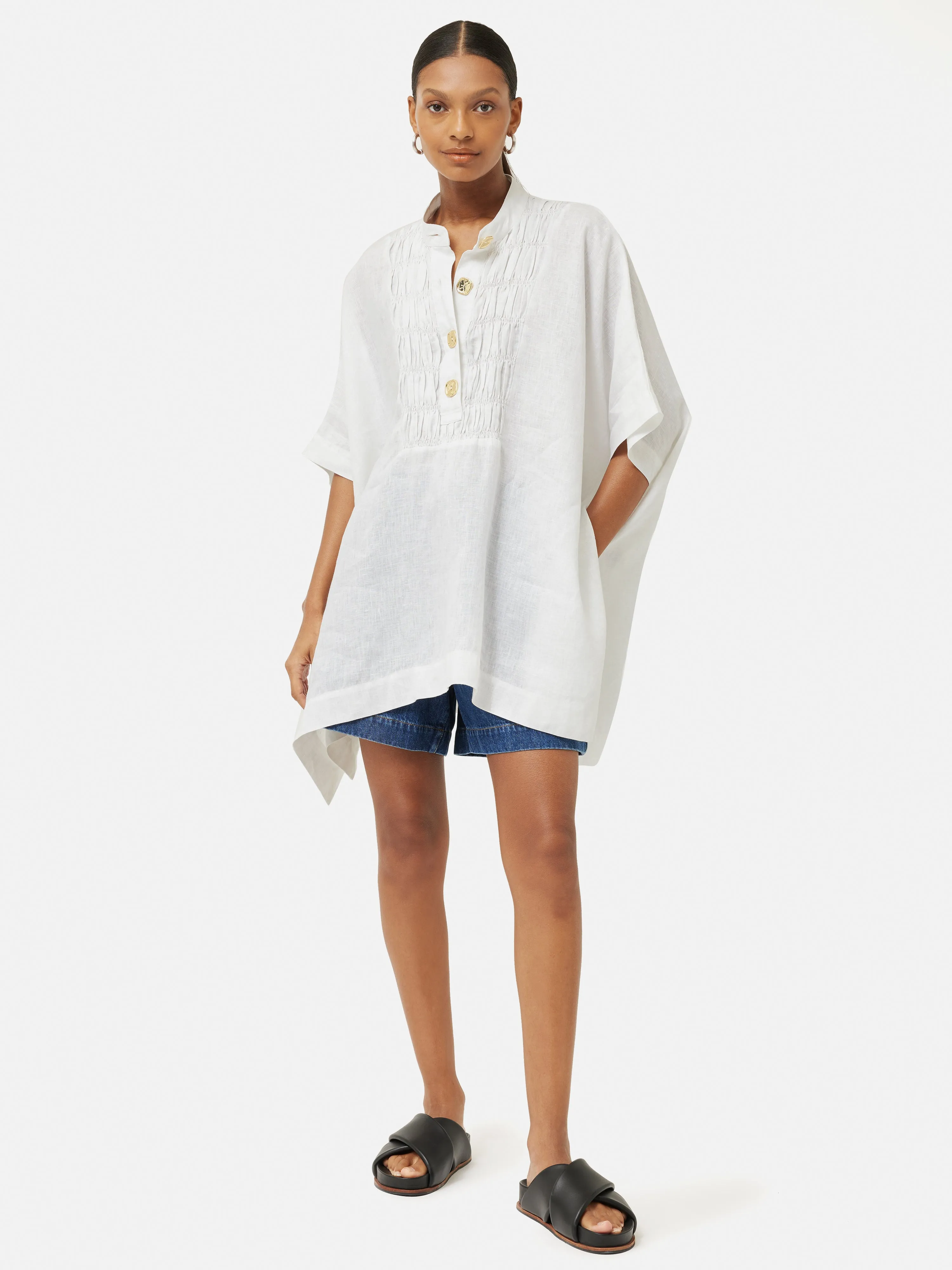 Button Detail Linen Kaftan | White