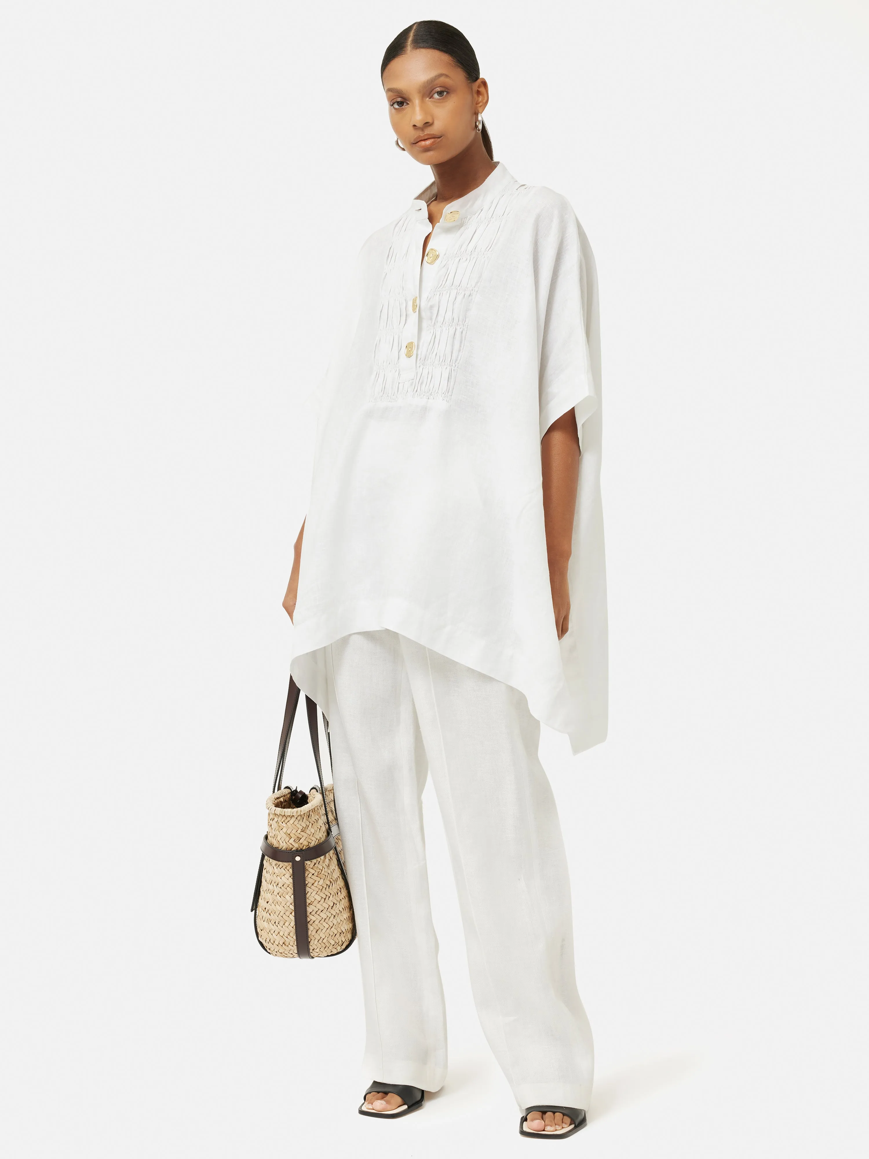 Button Detail Linen Kaftan | White