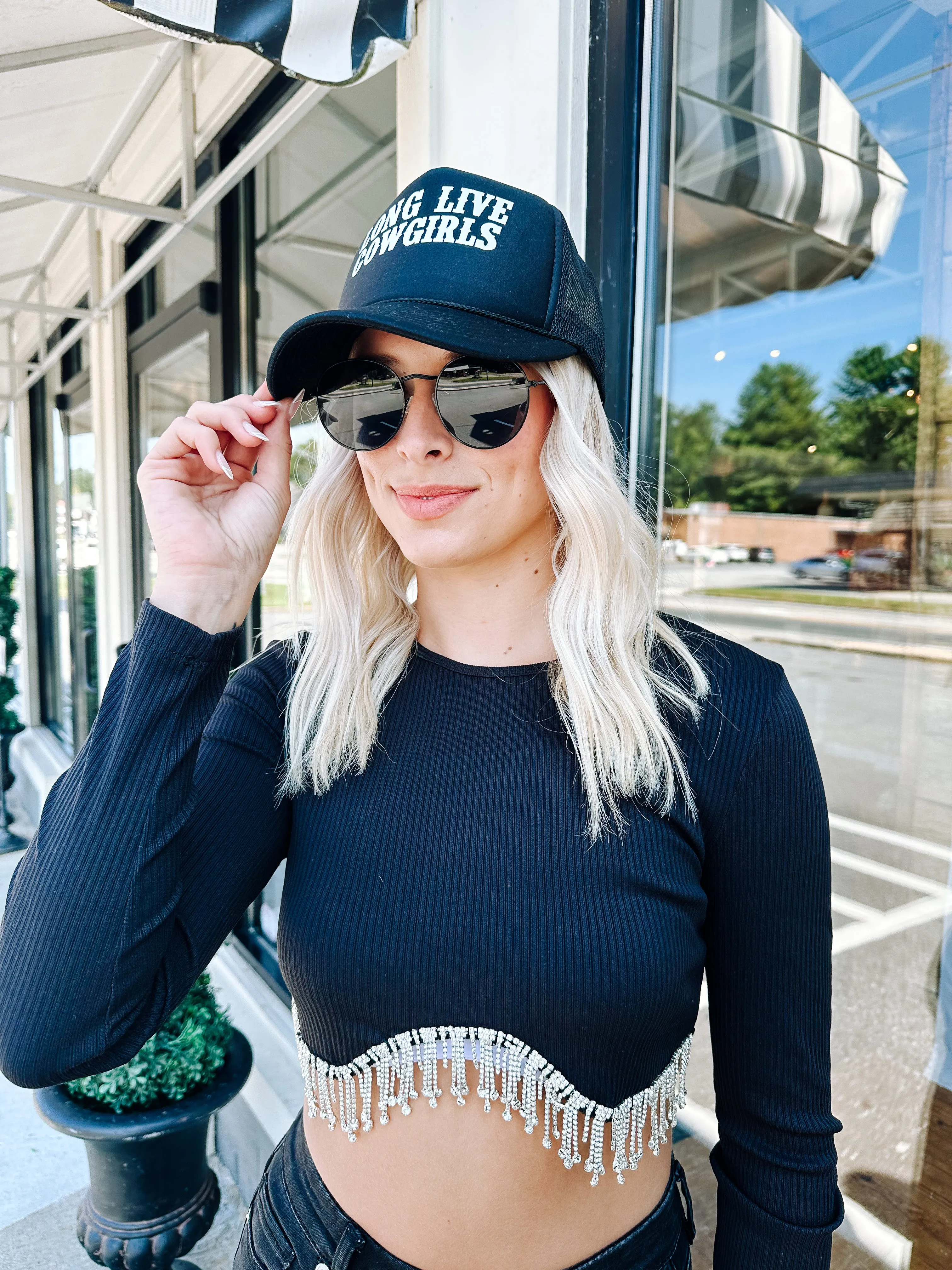 Concert Ready Rhinestone Long Sleeve Crop Top, Black