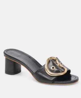 Dolce Vita Laika Block Heel Buckle Slides - Black Leather