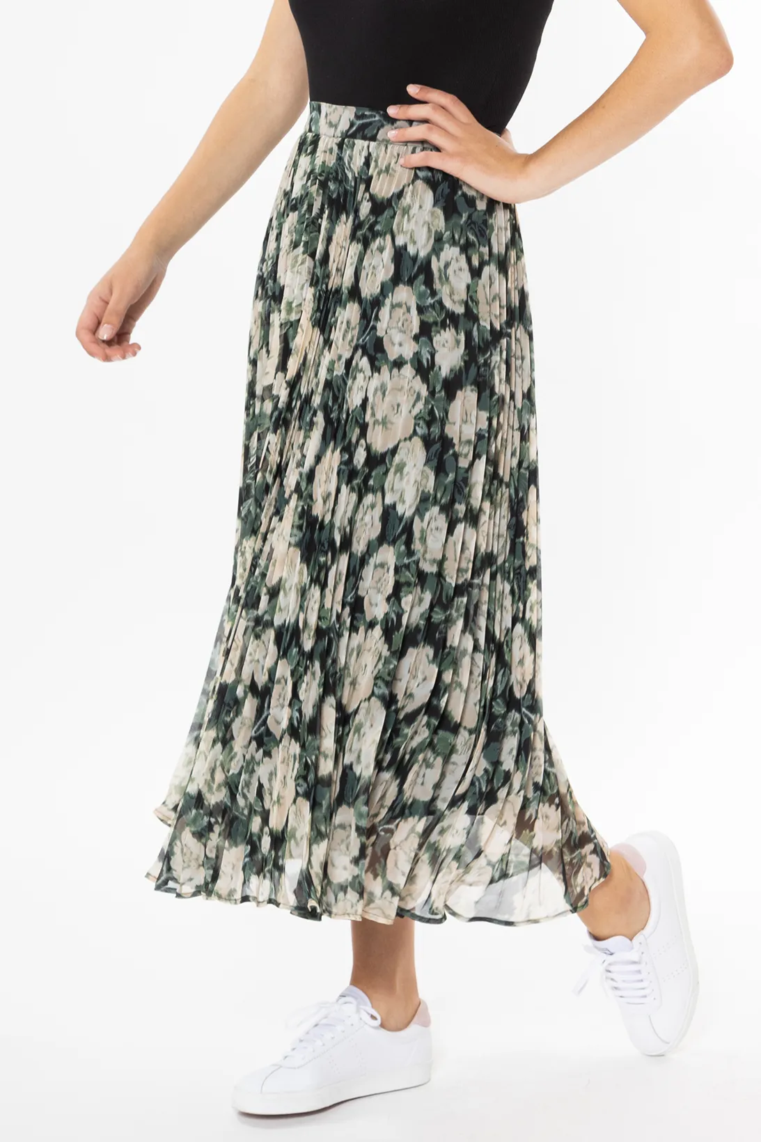 Enticing Forest Floral Pleated Midi Skirt