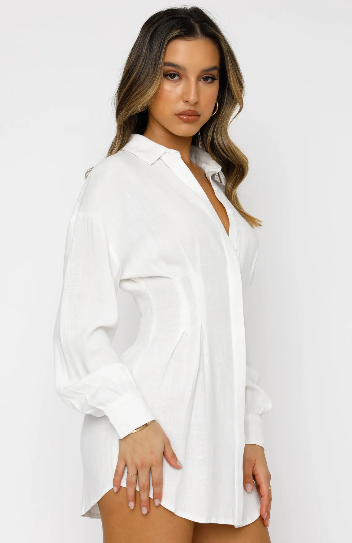 Feels Like A Holiday Long Sleeve Shirt Dress White