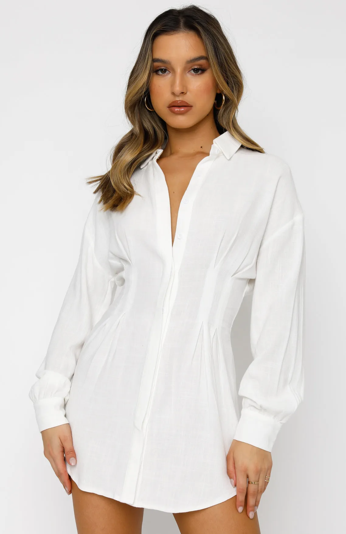 Feels Like A Holiday Long Sleeve Shirt Dress White