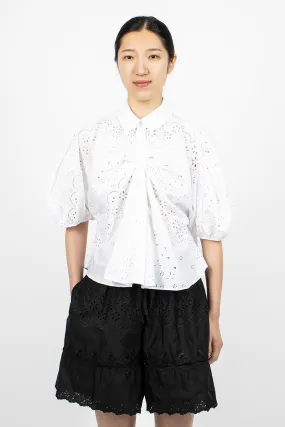 Front Bow Gathered Puff Sleeve Shirt White