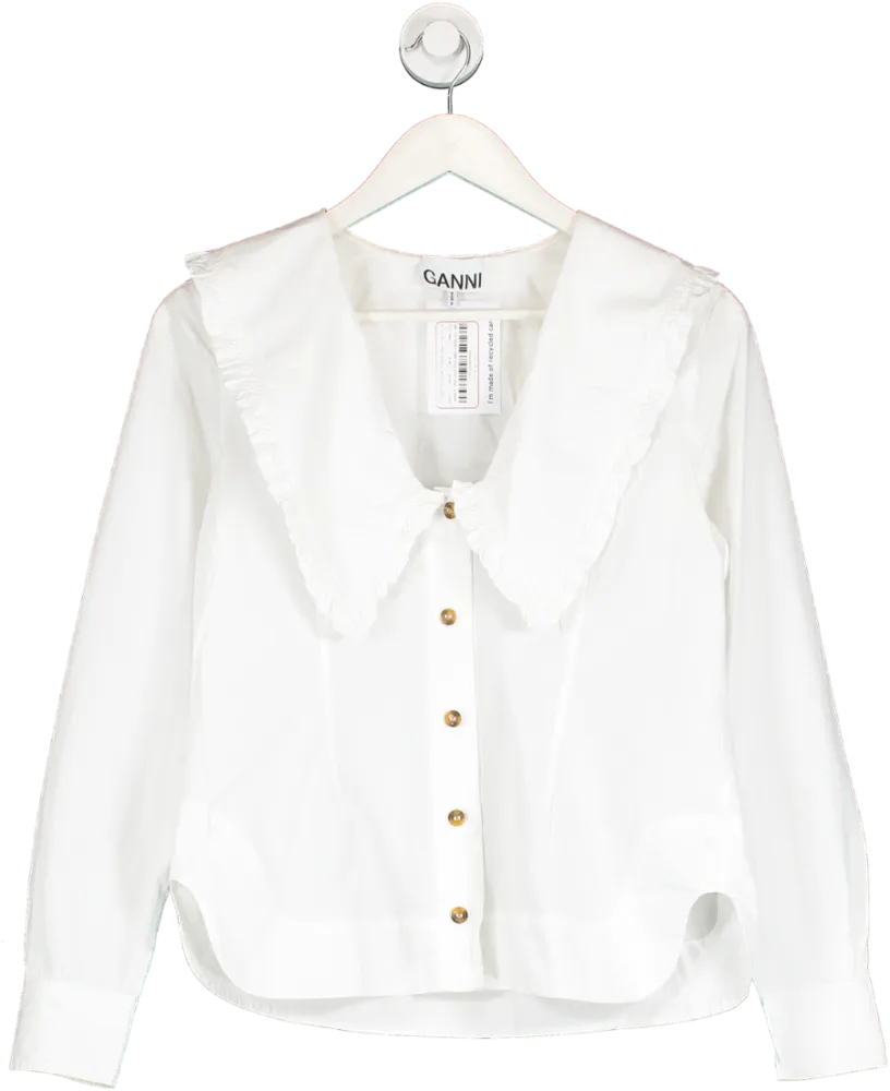 Ganni White Ruffled Collar Organic Poplin Shirt UK 8