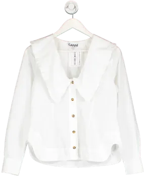 Ganni White Ruffled Collar Organic Poplin Shirt UK 8