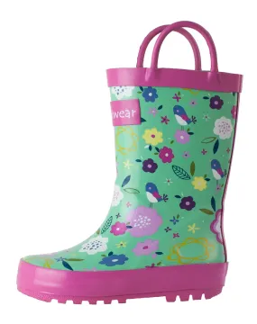 Green Floral Loop Handle Rubber Rain Boots