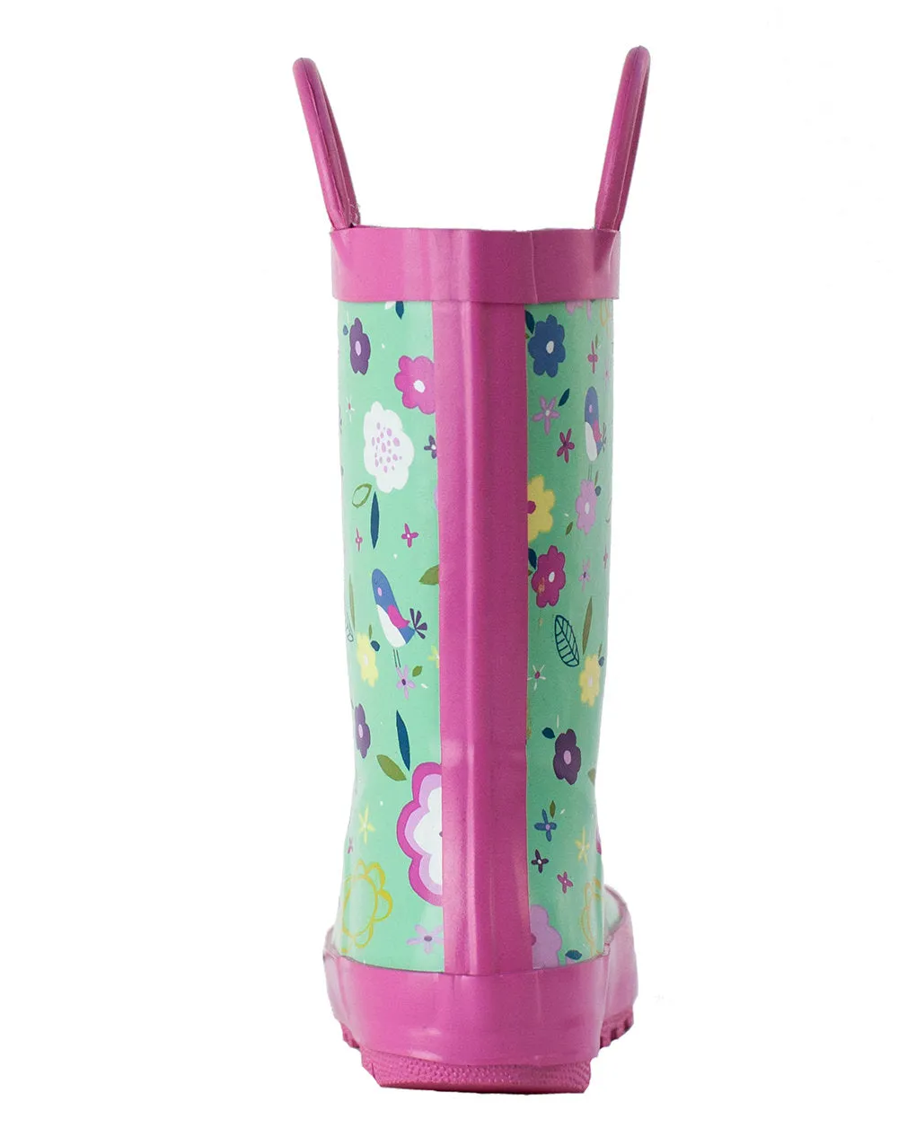 Green Floral Loop Handle Rubber Rain Boots