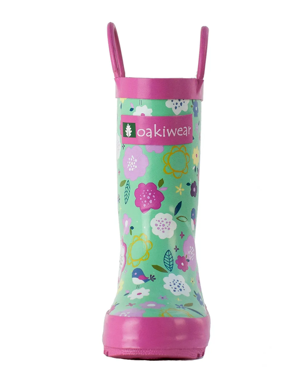 Green Floral Loop Handle Rubber Rain Boots