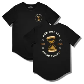 How Will You Spend Your 168? Curved Hem T Shirt - Black - Dark Gold