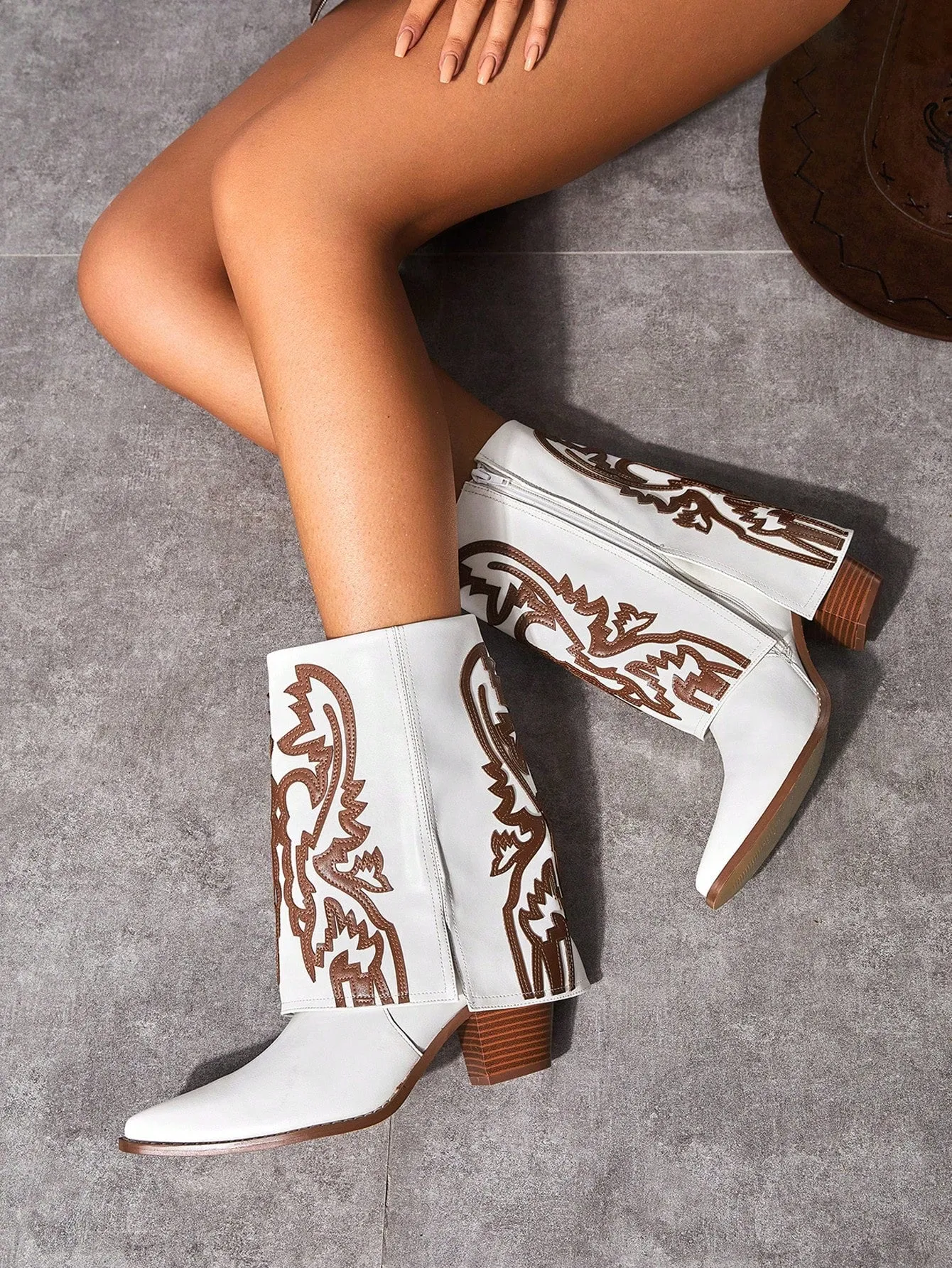 Ladies' Fashion Pointed Toe High Heeled Short Boots With Embroidery Design