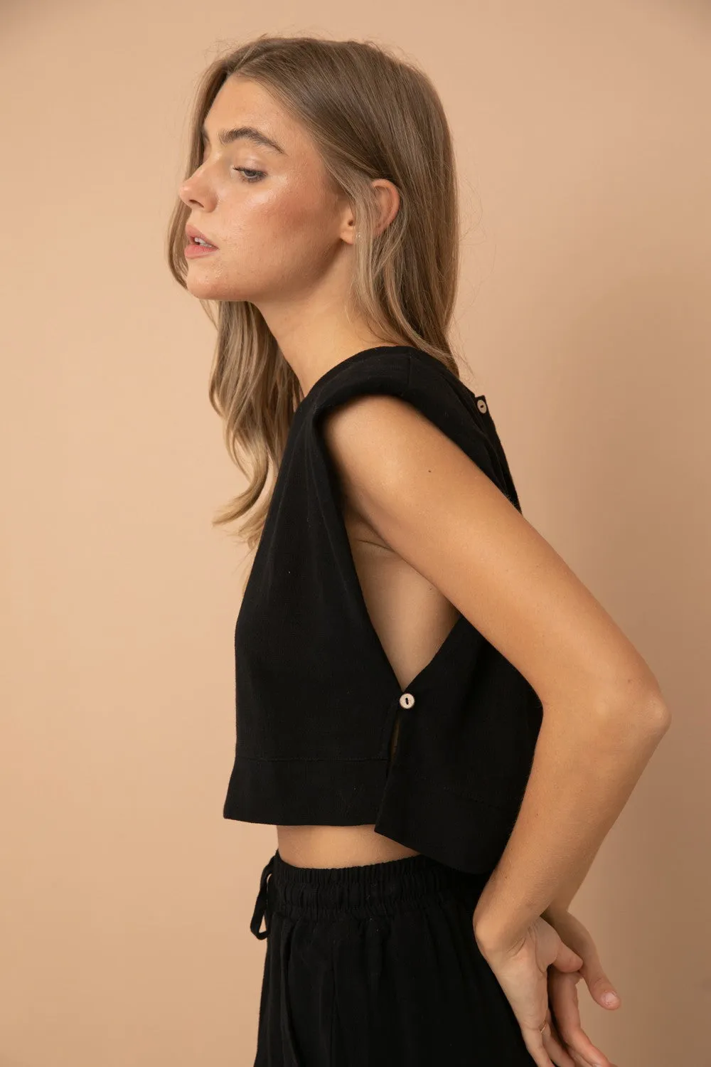 Laverne Cropped Linen Top, Black