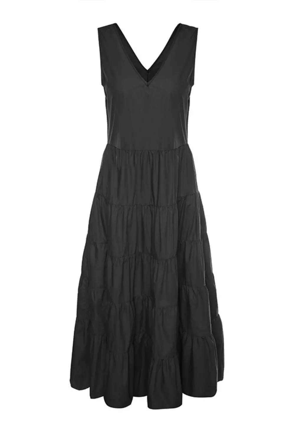 Marley Black Poplin Sleeveless V Neck Tiered Maxi Dress