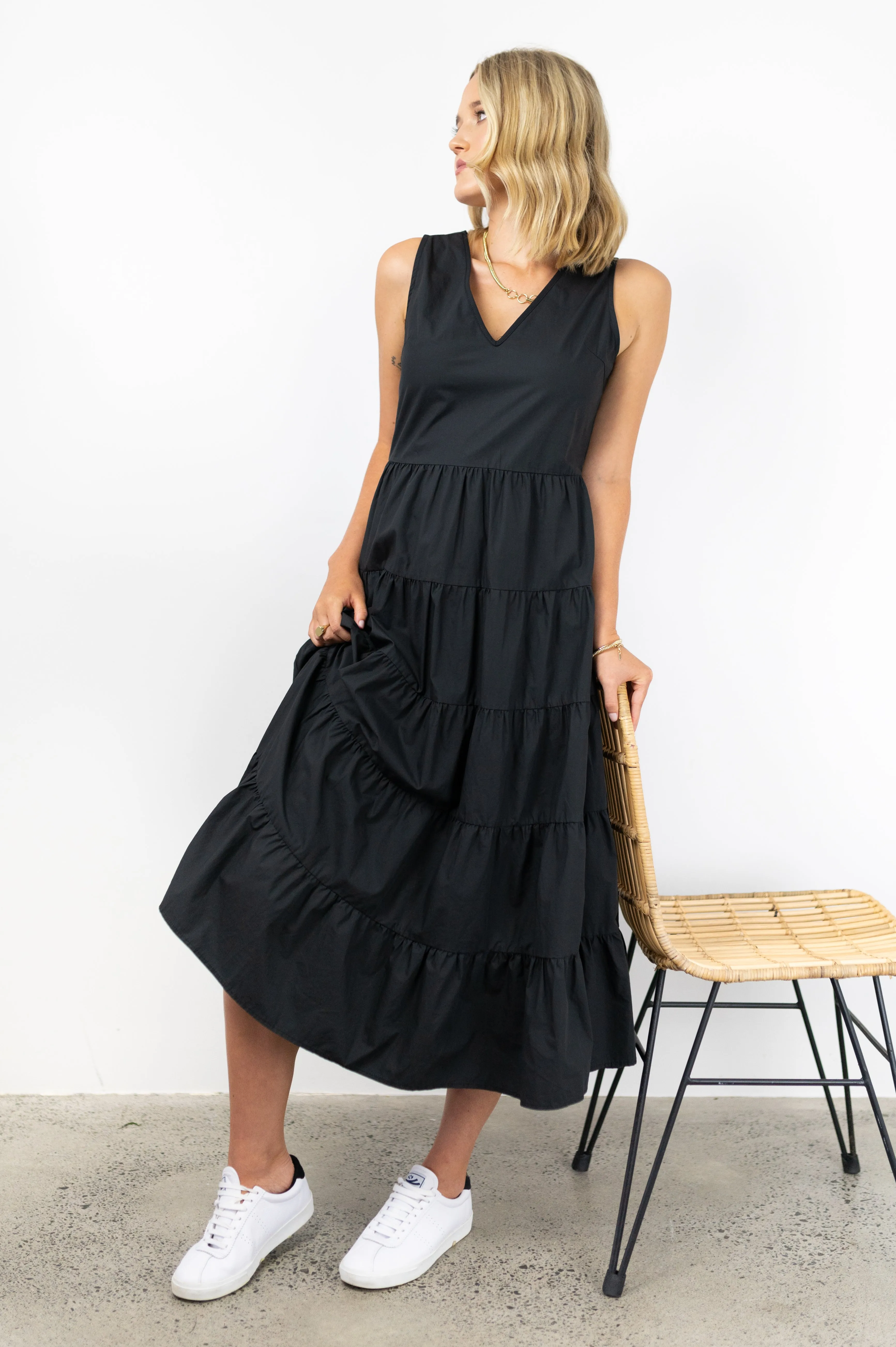 Marley Black Poplin Sleeveless V Neck Tiered Maxi Dress