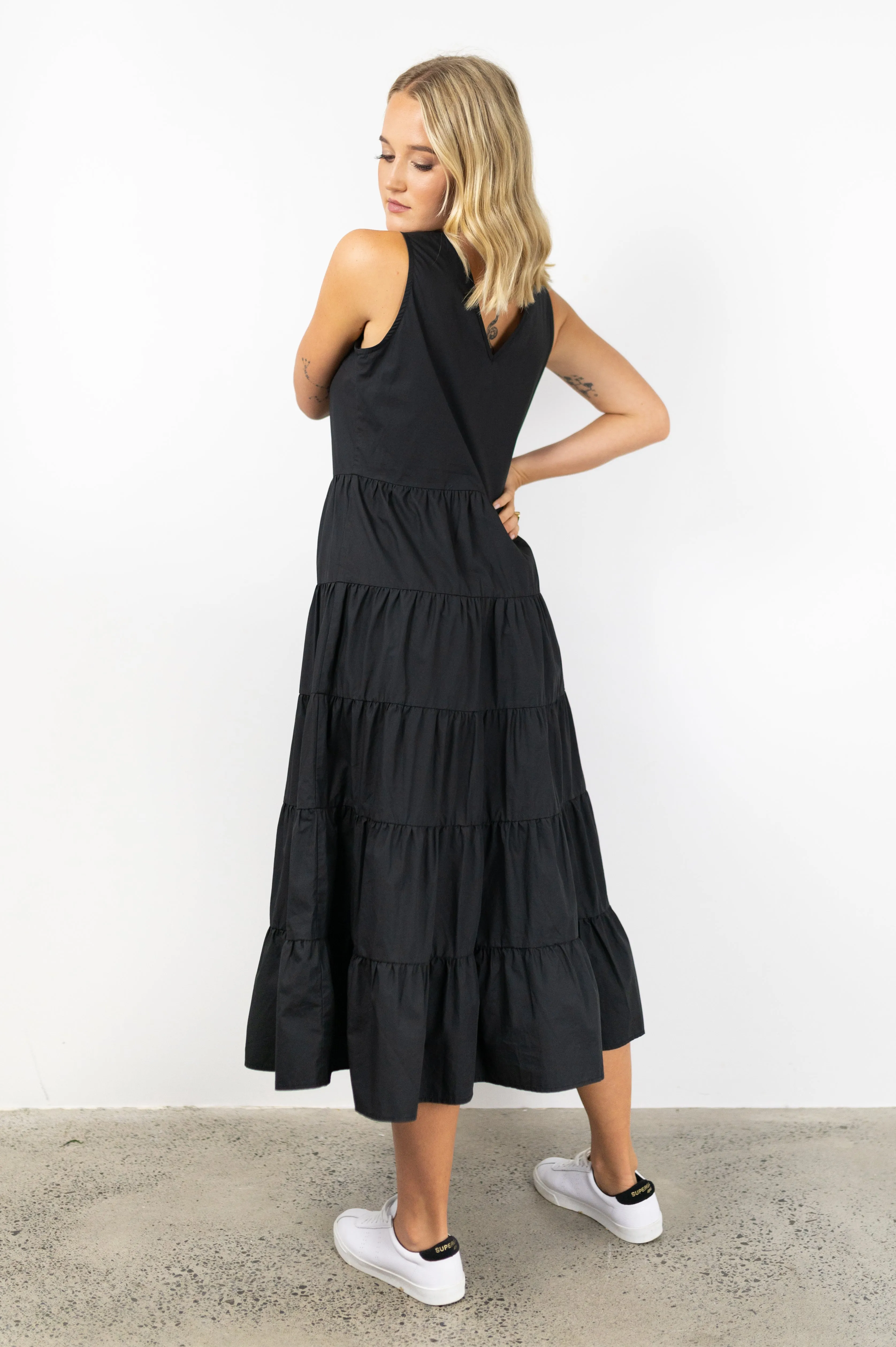 Marley Black Poplin Sleeveless V Neck Tiered Maxi Dress