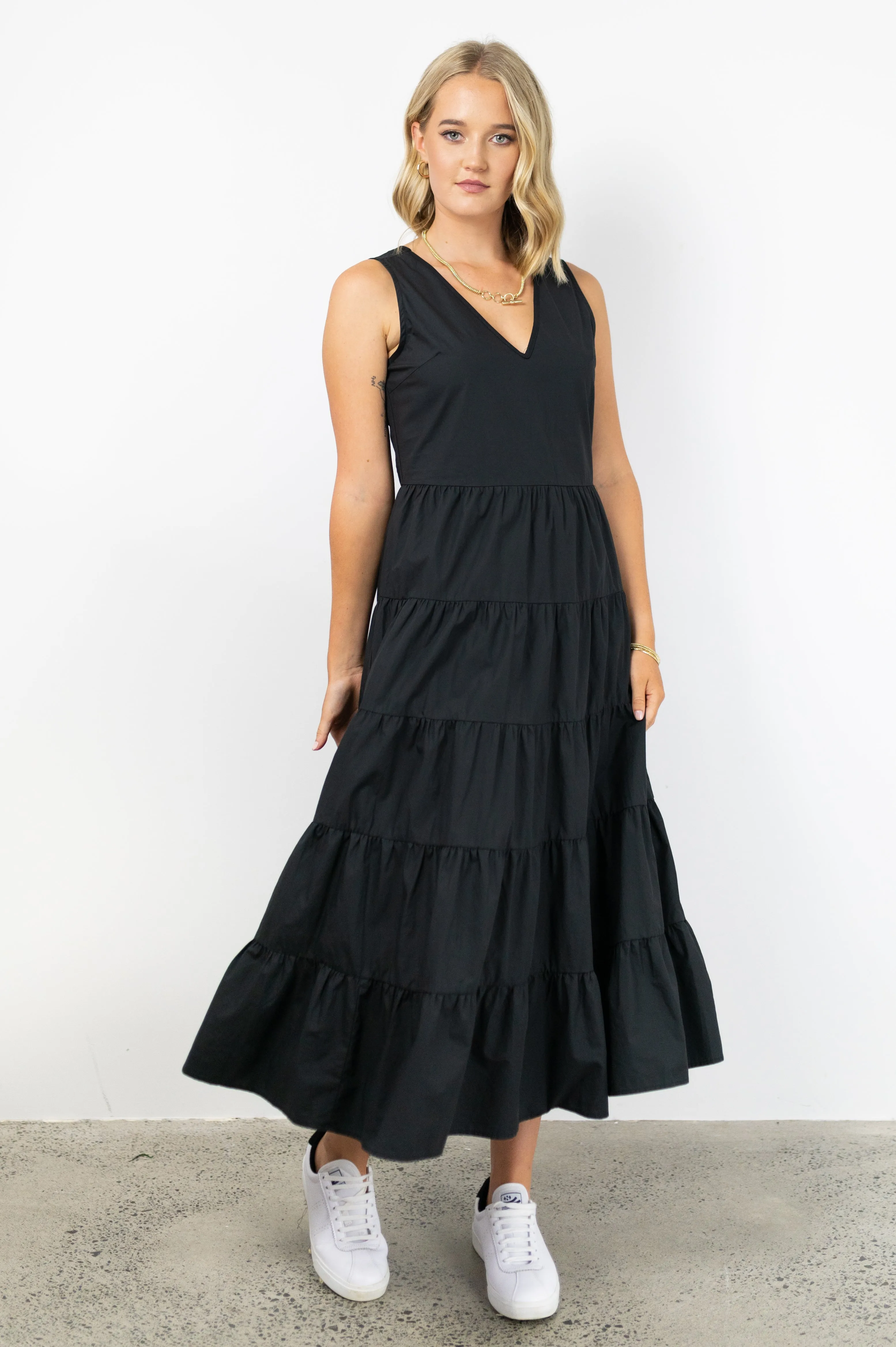 Marley Black Poplin Sleeveless V Neck Tiered Maxi Dress