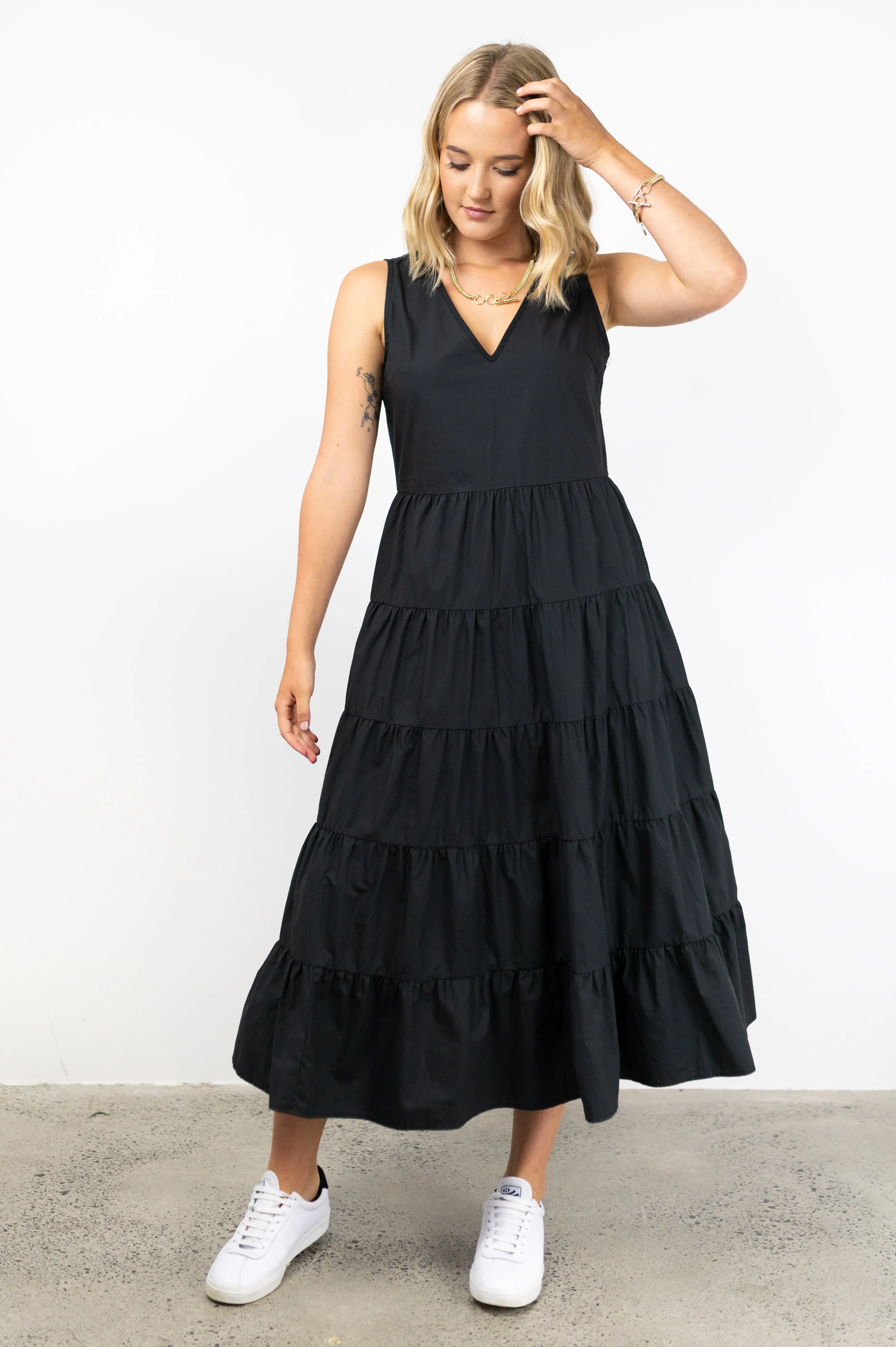 Marley Black Poplin Sleeveless V Neck Tiered Maxi Dress