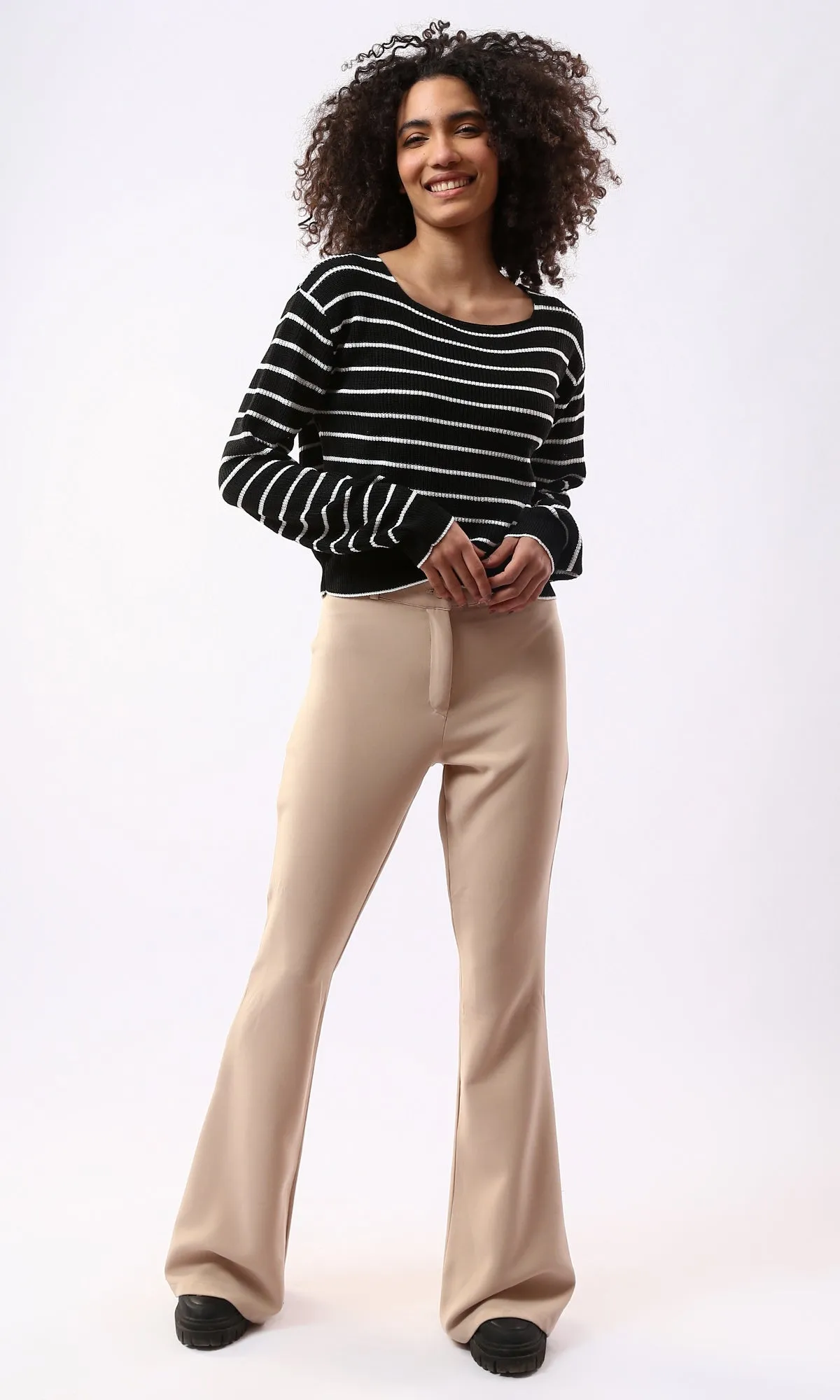 O177860 Boat Neck Striped Black & White Casual Pullover