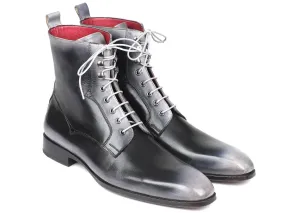 Paul Parkman Men's Gray Burnished Leather Lace-Up Boots (ID#BT535-GRY)