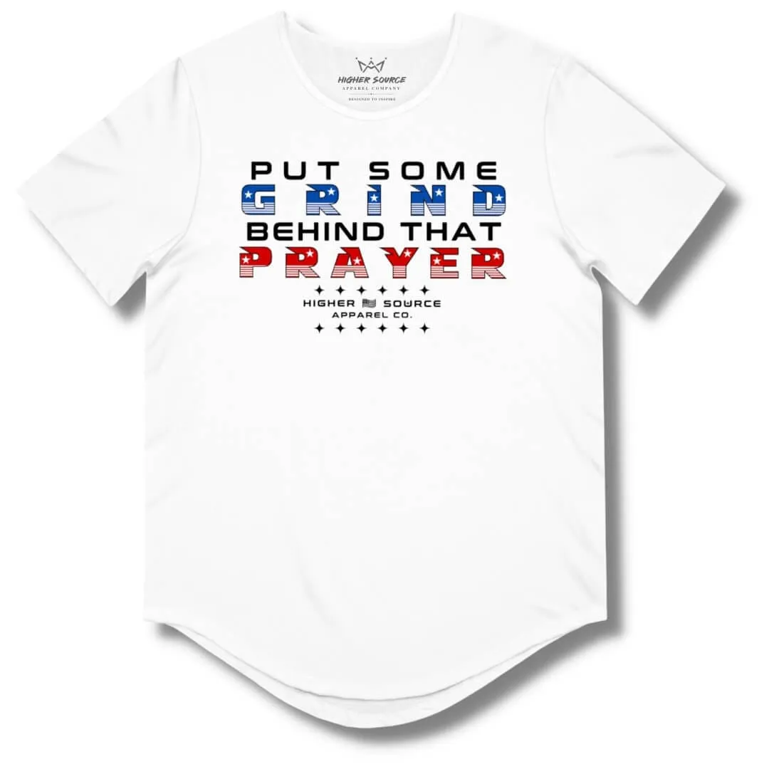 Put Some Grind Behind That Prayer Curved Hem T Shirt - White - Blue / Red