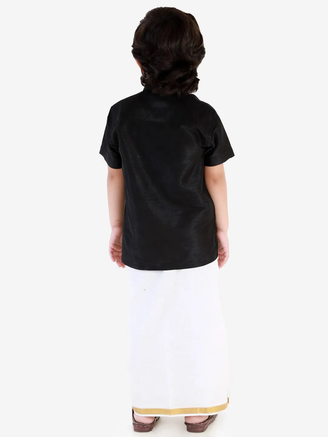 Vastramay Boy's Black & White Solid Shirt With Dhoti