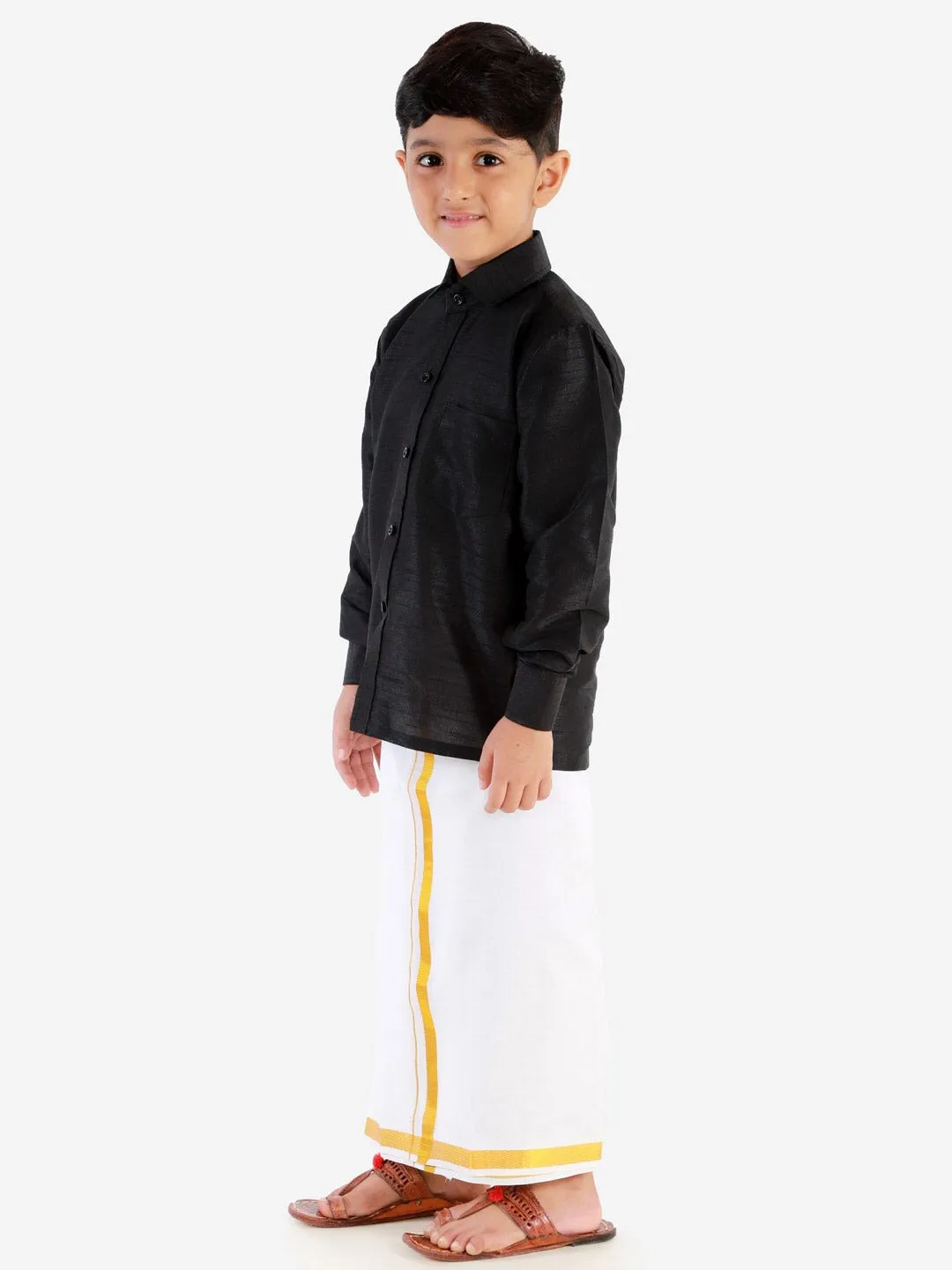 Vastramay Boy's Black & White Solid Shirt With Dhoti