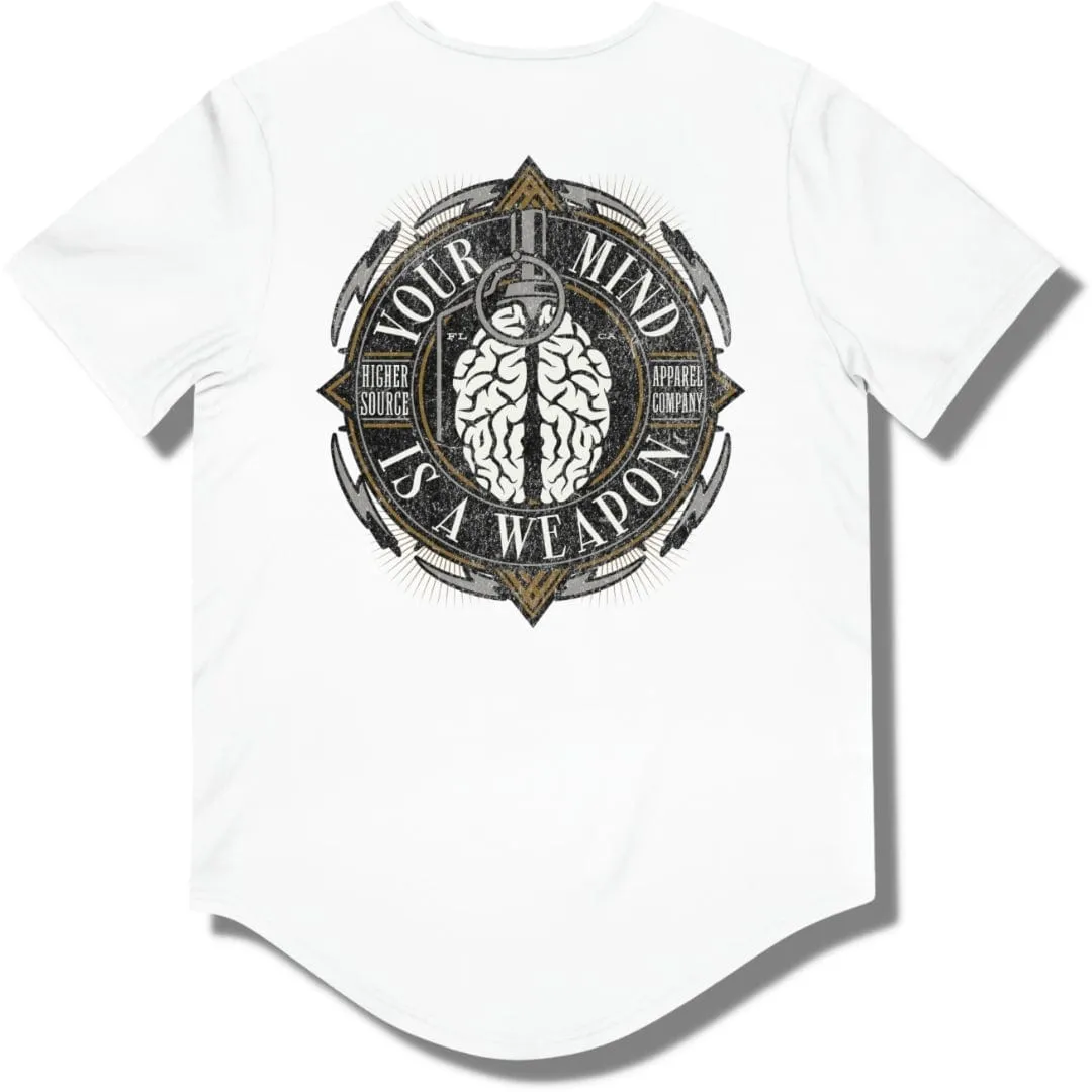 Your Mind is a Weapon Curved Hem T Shirt - White - Spanish Bistre